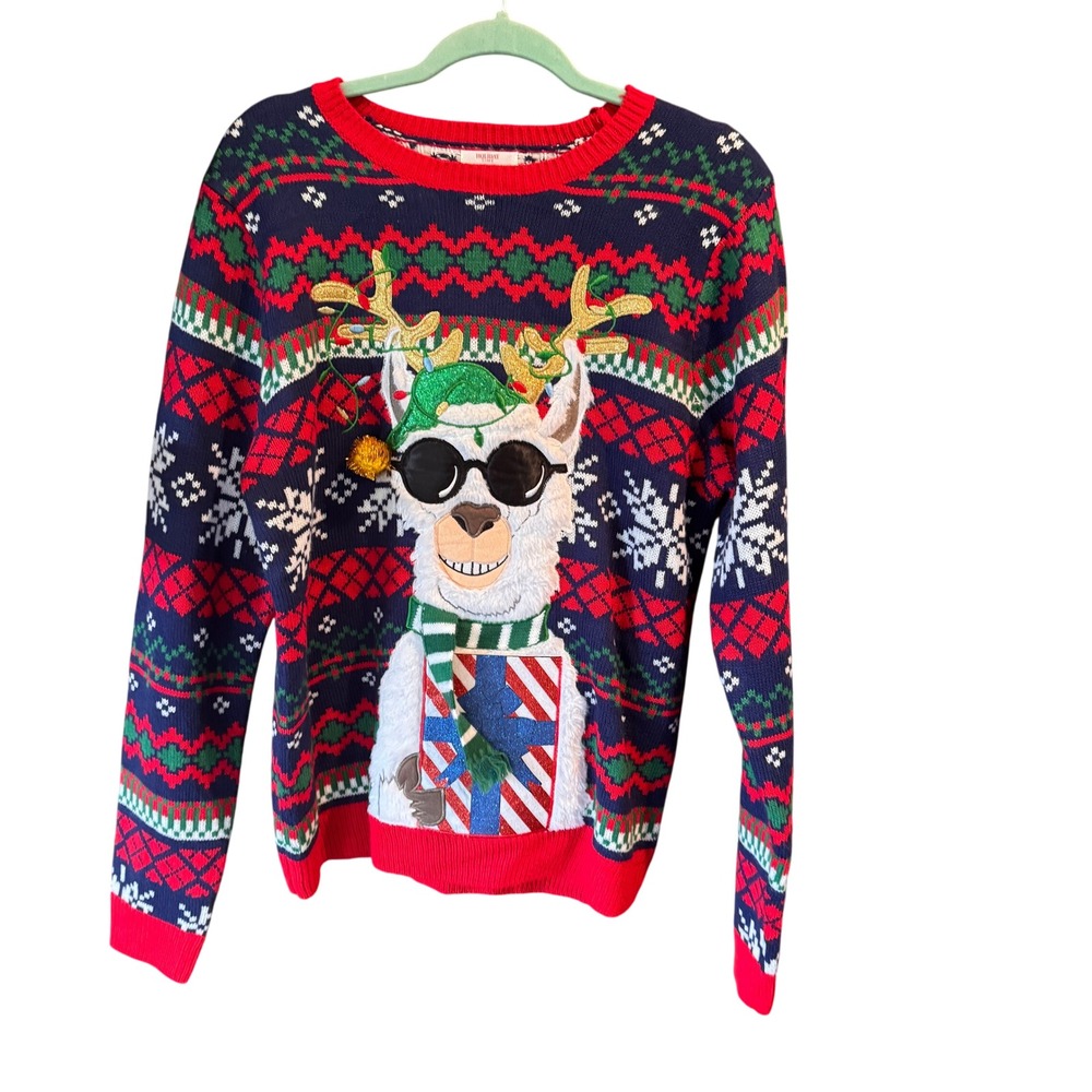 Holiday Time Llama‎ Christmas Sweater Novelty Graphic Medium Ugly Party